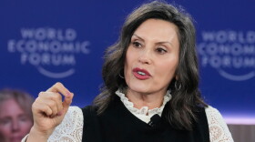 FILE - Michigan Gov. Gretchen Whitmer speaks during the Annual Meeting of the World Economic Forum in Davos, Switzerland, Jan. 21, 2026.