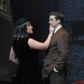 Photo of Caitlin Cavannaugh and Ryan Patrick Welsh in "The 39 Steps" at Williamston Theatre