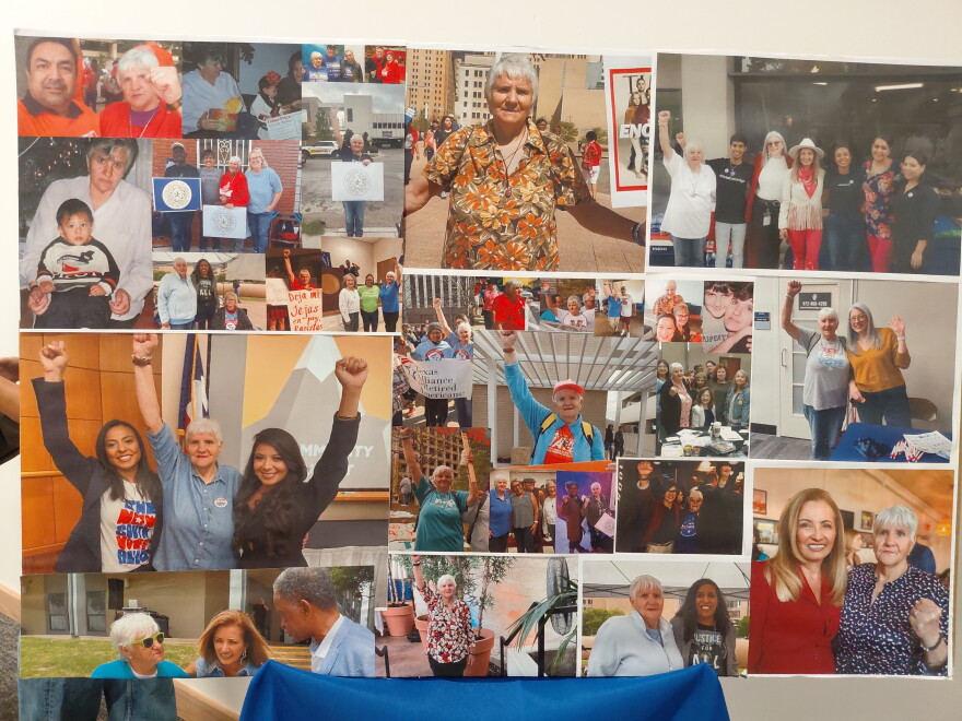 A collage of photos inside the Sylvia Collins Community Room features photos with Collins and Dallas County Commissioner Elba Garcia, along with other community leaders and activists.