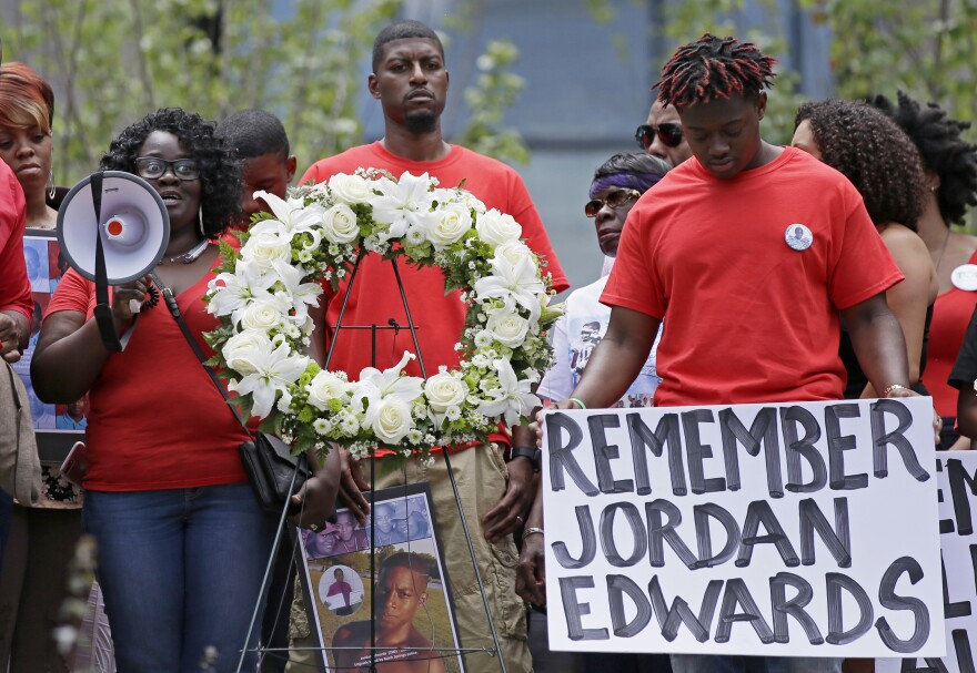 Charmaine Edwards (left) speaks to supporters during a protest outside a courthouse in Dallas in 2017. Jordan Edwards was a 15-year-old in Balch Springs, Texas, when he was shot and killed by police.