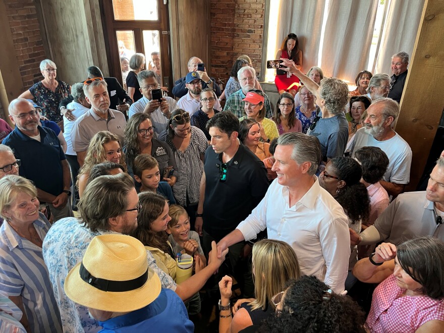 California Gov. Gavin Newsom meets fellow Democrats in Pickens on July 9, 2025.