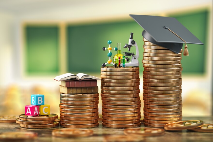 Education costs depending on level of school and university. Scholarship, education loan, investment in knowledge concept, Graduation cap on coins. 