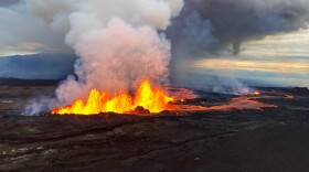 Aerial photograph of the dominant fissure three erupting on the Northeast Rift Zone of Maunaloa, taken at approximately 8 a.m. HST Nov. 29, 2022. Fissure three fountains were up to 25 meters this morning and the vent was feeding the main lava flow to the northeast.