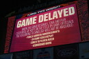 Florida State's scoreboard shows a delay message due to a blackout before an NCAA college football game against SMU, Monday, Sept. 7, 2026, in Tallahassee