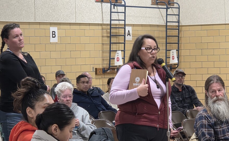 Laurie Harper, education director for the Leech Lake Band of Ojibwe, addresses the Bemidji Area School Board at a meeting on closing J.W. Smith Elementary School on March 17, 2026.