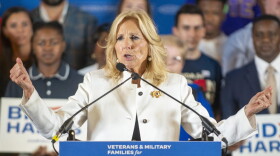The first lady campaigned Monday in Wilmington for a mainly military crowd - and said “Joe has made it clear that he's all in.” She added that she's “all in, too.”