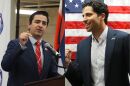 Two men, U.S. Rep. Gabe Evans and state Rep. Manny Rutinel, wear suits while speaking at separate events.