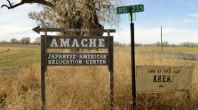 Asign at the entrance to Camp Amache, the site of a former World War II-era Japanese-American internment camp in Granada, Colo. From 1942 to 1945, more than 7,000 Japanese-Americans and Japanese immigrants were forcibly relocated to what was then called the Granada Relocation Center. They were part of the more than 110,000 Japanese-Americans ordered to relocation camps in California, Colorado, Idaho, New Mexico, Arizona, Wyoming, Utah and Arkansas.  (Russell Contreras/AP)