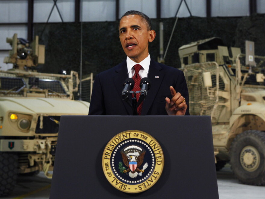 President Barack Obama delivers an address to the American people on U.S. policy and the war in Afghanistan during his visit to Bagram Air Base May 2, 2012 in Afghanistan. Obama told Americans the goal of defeating the al Qaida network was within reach.