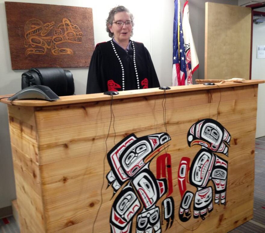Presiding Judge Debra O’Gara discusses tribal justice in the Juneau courtroom of the Central Council of Tlingit and Haida Indian Tribes of Alaska. (Photo by Ed Schoenfeld/CoastAlaska News)