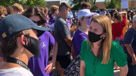 Republican congressional candidate Amanda Adkins attended an Aug. 27 rally outside the Blue Valley School district headquarters.