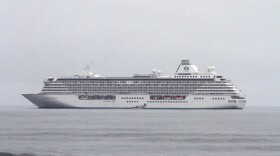 This Aug. 21, 2016, photo shows the luxury cruise ship Crystal Serenity anchored just outside Nome, Alaska. The ship made a port call as it became the largest cruise ship to ever go through the Northwest Passage, en route to New York City.