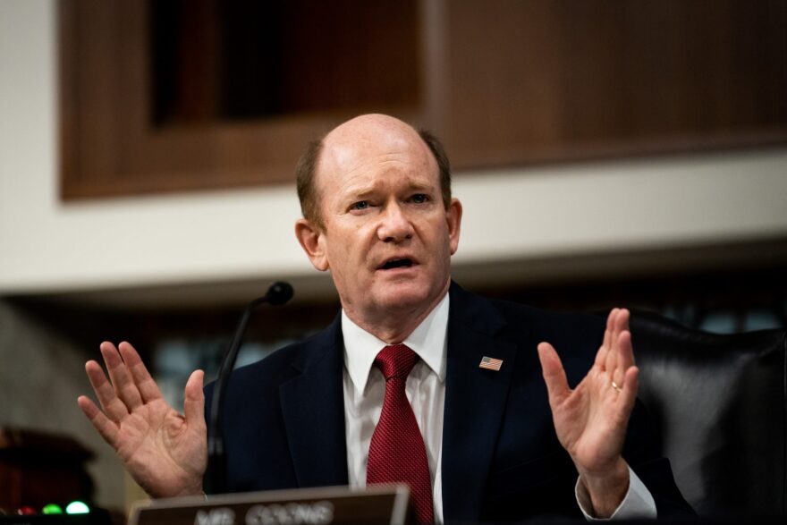 Sen. Chris Coons (D-DE) speaks during a Senate Judiciary Committee hearing on "oversight of the crossfire hurricane investigation" on Capitol Hill in Washington, DC.
