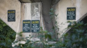 Signs under the Congress Avenue bridge in Austin warn people not to touch the bats.