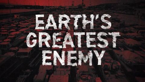 Red and white poster for the film "Earth's Greatest Enemy"