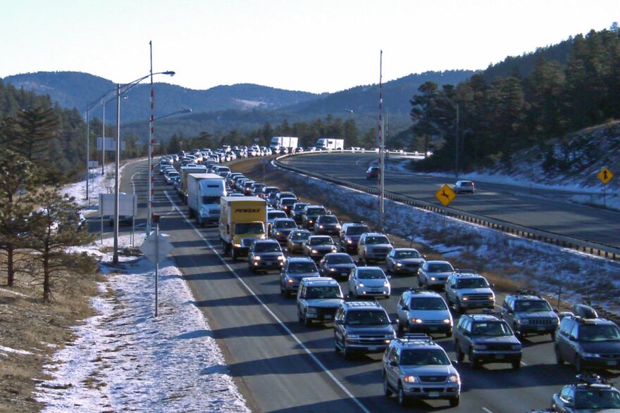 Traffic backs up on Interstate 70 at Floyd Hill.