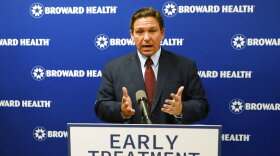 Florida Gov. Ron DeSantis speaks at a news conference, Thursday, Sept. 16, 2021, at the Broward Health Medical Center in Fort Lauderdale, Fla. DeSantis was there to promote the use of monoclonal antibody treatments for those infected with COVID-19. 