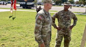 Army Chief of Staff Gen. Randy George and TRADOC Commander Gen. Gary Brito before the inactivation ceremony for TRADOC at Fort Eustis.