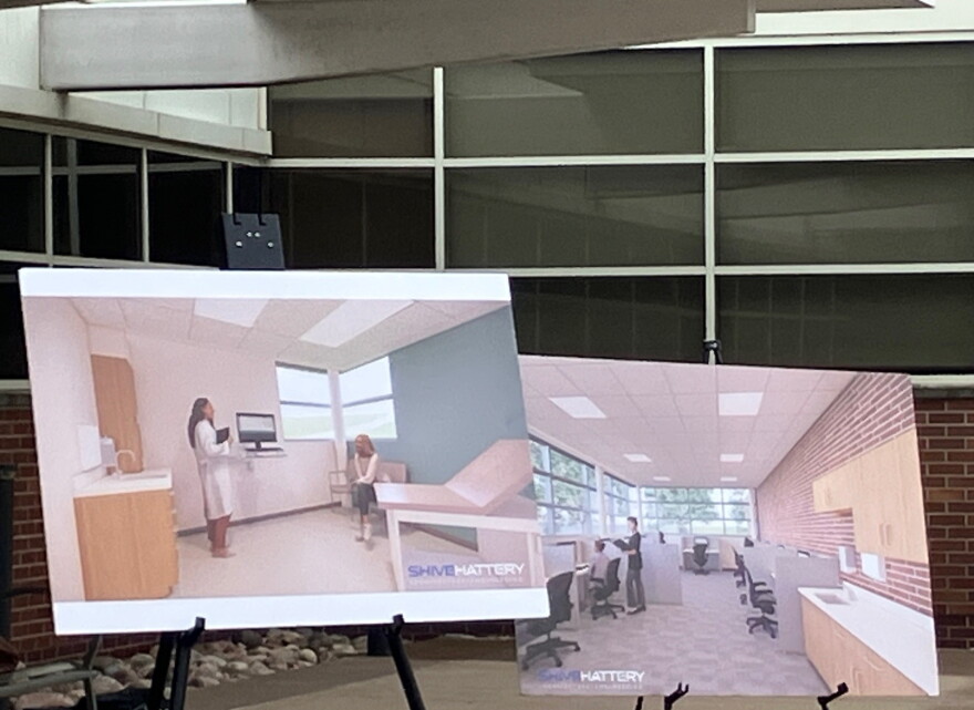 Renderings for the interior of the MercyOne Genesis Family Medical Center, displayed at Wednesday's groundbreaking.