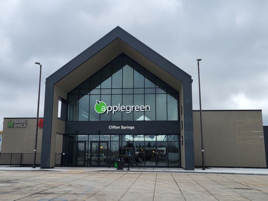 A rest stop, with the Applegreen logo prominently displayed