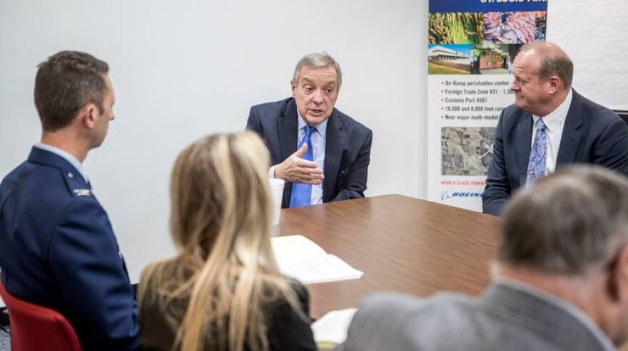 U.S. Sen. Dick Durbin, D-Illinois, speaks with Col. Joseph R. Meyer, vice commander, 375th Air Mobility Wing; Scott Air Force Base, Mark Kern, St. Clair County Board chairman; area mayors and other officials during a discussion about PFAS contamina