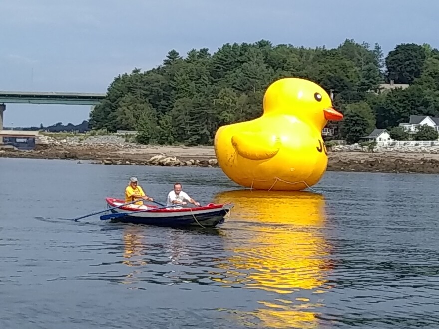 A couple of boaters row by a giant rubber ducky that appeared over the weekend in Belfast Harbor.