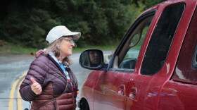 Sue Rakes speaks with a driver as several brown bears approach the bridge over the Chilkoot River.