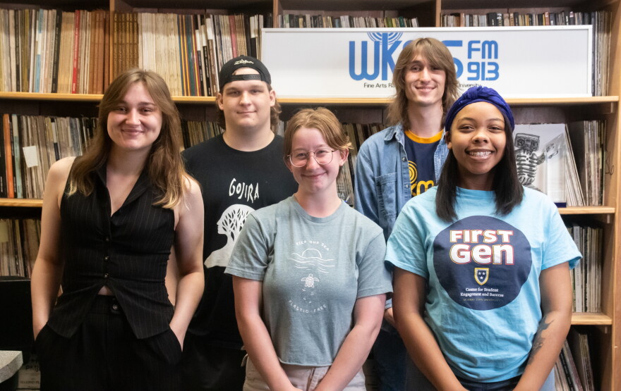 The Kentucky Broadcasters Association gave WKMS the 2026 College Program of the Year Award, recognizing the work produced by Murray State University students interning with the station for their excellence in news reporting, production, promotions, listener interaction, digital content, social media content and overall delivery. WKMS interns from the Spring 2026 semester include (from left to right): Shelby Bloomer, Jamison Miller, Annabelle Massa, Will Darnall and Kailee Greer.