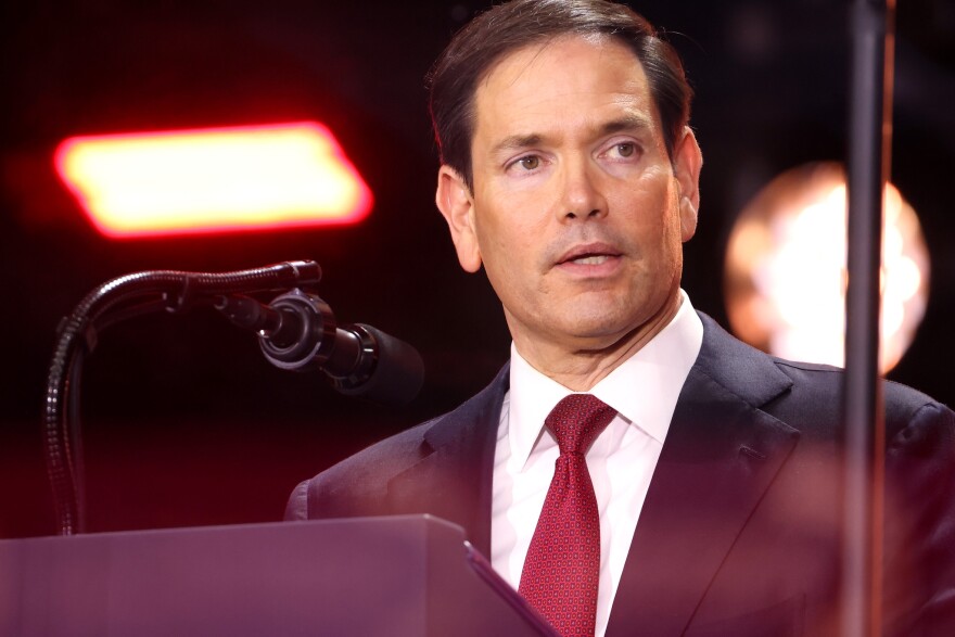 U.S. Secretary of State Marco Rubio speaking with attendees at the Memorial for Charlie Kirk at State Farm Stadium in Glendale, Arizona.
