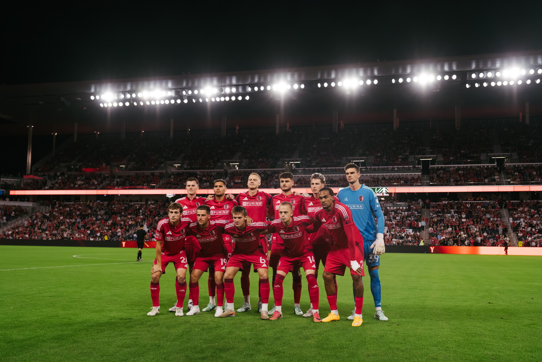 St. Louis City SC’s starting 11 pose for a team photo before their match against the Portland Timbers on Wednesday, Oct. 28, 2026, at Energizer Park in St. Louis’ Downtown West neighborhood.