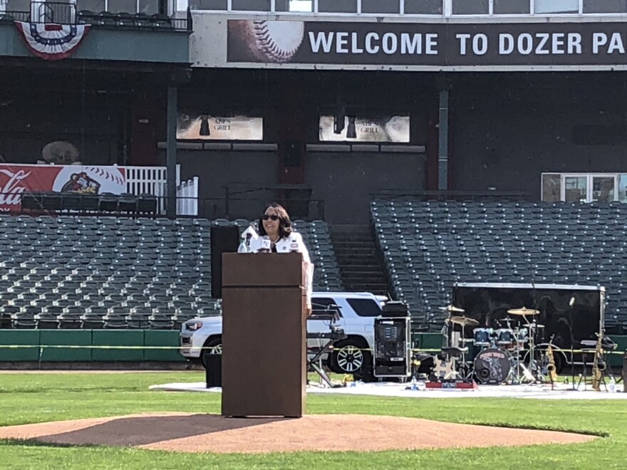 Peoria Mayor Rita Ali delivers her keynote speech Wednesday during the Peoria Area Chamber of Commerce's "Future of Peoria" event at Dozer Park.