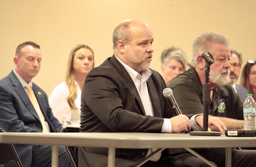 Du Quoin Mayor Josh Downs addresses the Illinois Commission on Government Forecasting and Accountability during Wednesday’s forum in Du Quoin.