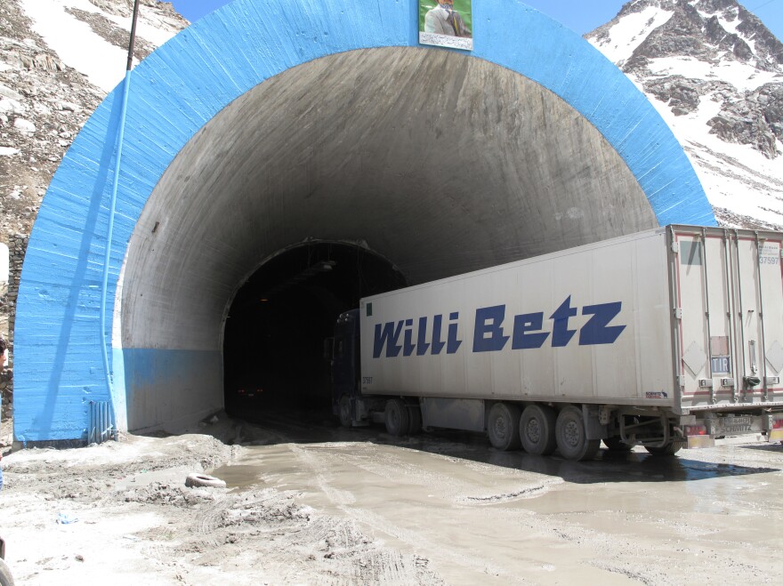 A truck carrying food for NATO troops drives into the northern entrance of the Salang Tunnel. This truck waited several days to be able to enter the tunnel.