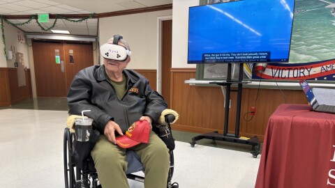 Salvatore Scarlato, a Korean War veteran and resident of the Long Island State Veterans Home in Stony Brook, NY, dives with sharks using virtual reality