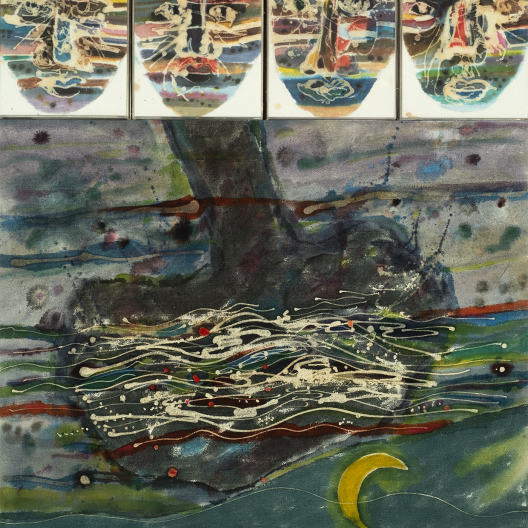 We Have Known Rivers: Masks, Tree, & Moon, 1992 by Leo Twiggs (American, b. 1934). Batik and paint on cotton mounted on board, 40 x 34 inches.
