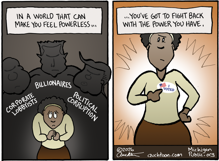 In the dark, shadowed left panel, a small, worried woman cower below three towering figures labeled "CORPORATE LOBBYISTS," "BILLIONAIRES," and "POLITICAL CORRUPTION." Text at the top reads, "IN A WORLD THAT CAN MAKE YOU FEEL POWERLESS..." In the bright right panel, the woman stands tall, empowered, and confident, pointing proudly to an "I VOTED" sticker on her shirt. Text at the top concludes, "...YOU'VE GOT TO FIGHT BACK WITH THE POWER YOU HAVE."