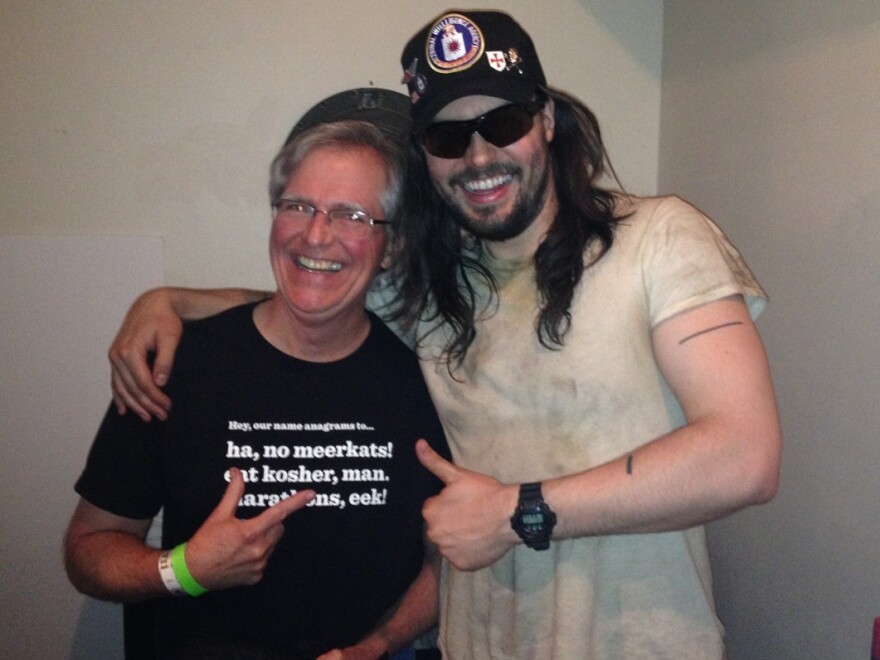 <em>Ask Me Another</em> winner Jim Naugle hangs out with Andrew W.K. backstage at Andrew's NYC show.