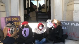 Tenant advocates barricaded an entrance to the State Captiol on Tuesday, Jan. 11, 2022, to protest the end of the state's eviction moratorium and to call for a law to ensure greater protections for renters.