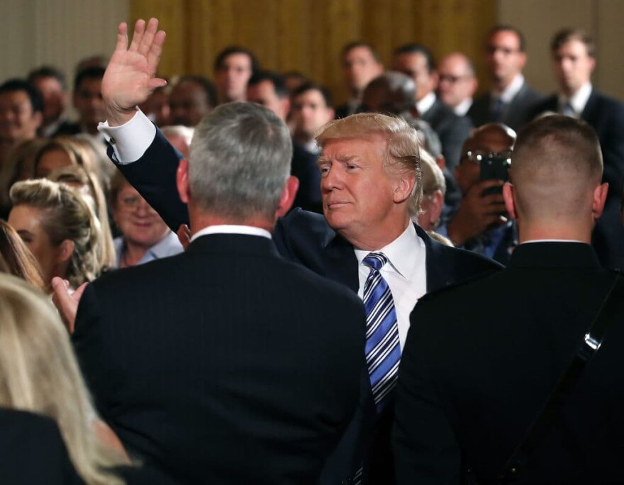 U.S. President Donald Trump waves to the crowd while attending a small businesses event in the East Room at the White House on Aug. 1, 2017 in Washington.
(Mark Wilson/Getty Images)