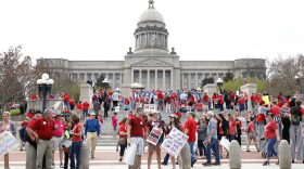 Kentucky public school teachers rally for a "day of action" at the Kentucky State Capitol to try to pressure legislators to override Kentucky Governor Matt Bevin's recent veto of the state's tax and budget bills in Frankfort, Kentucky. 