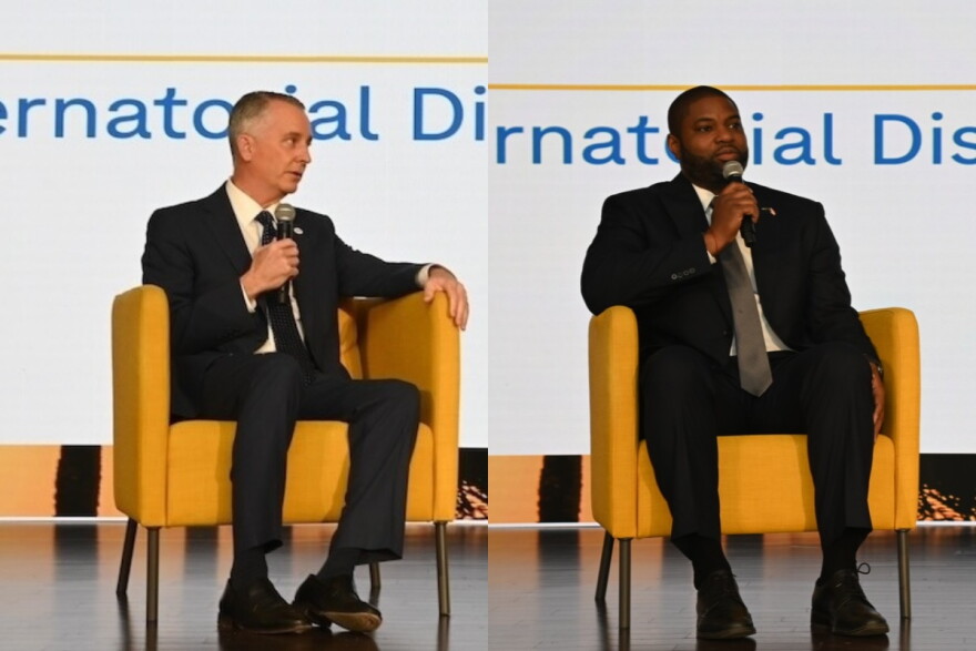 Florida gubernatorial candidates, Democrat David Jolly (left) and Republican U.S. Rep. Byron Donalds speak during WLRN'S Sunshine Economic Summit on Sept. 23 in Fort Lauderdale.