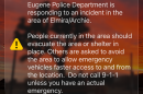 The emergency alert sent to residents near the 300 block of Archie Street in Eugene on the morning of Aug. 28, 2026. Eugene Police’s SWAT team obtained a search warrant as part of an investigation into a suspect facing multiple charges. Police said the suspect was not cooperating and was believed to have firearms and body armor.