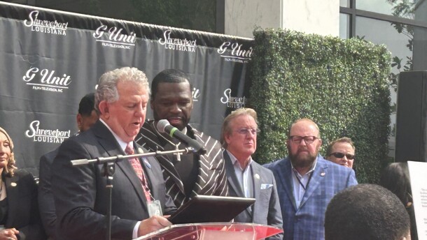 At the steps outside Government Plaza in downtown Shreveport, Mayor Tom Arceneaux and Curtis "50 Cent" Jackson signed the lease agreement for the rapper's production company to rent city-owned Millennium Studios, on Thursday, April 18, 2024.