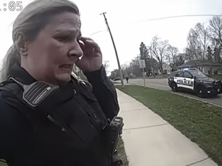 Screen grab of police body cam video shown in court at Hennepin County Courthouse in Minneapolis, Minn. shows former police officer Kim Potter after a traffic stop in which Daunte Wright was shot.