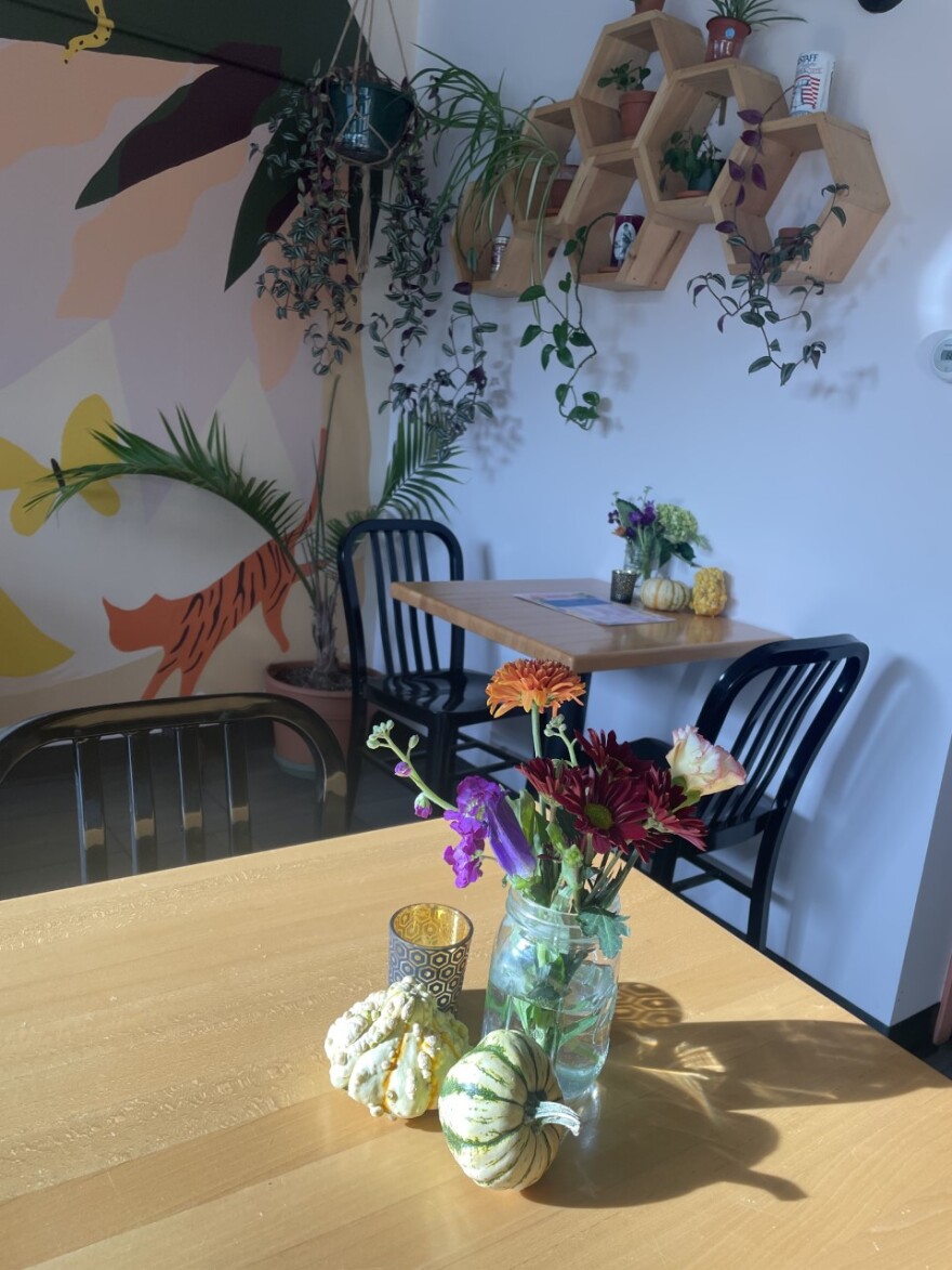 A sunny cafe table with a jar filled with flowers. The walls are painted with colorful images of animals.