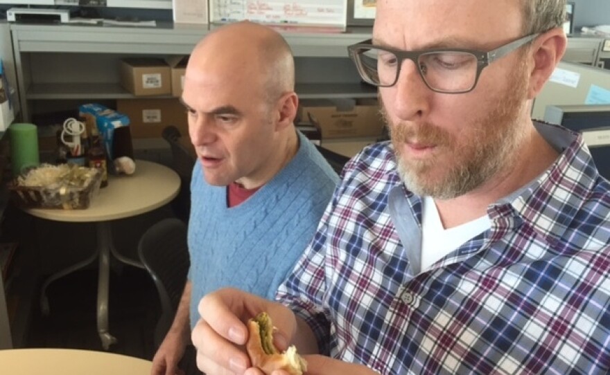 Mike and Peter usually chew their sandwiches in perfect unison, but the White Castle Veggie Slider threw them off.