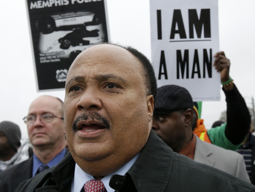 Martin Luther King III takes part in a march on the 45th anniversary of his father's assassination in Memphis, Tenn.
