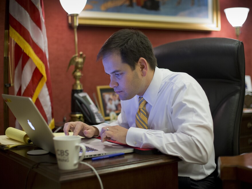 Sen. Marco Rubio works on his laptop fine-tuning his speech in his Capitol Hill office in Washington on Thursday.