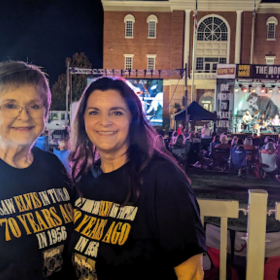 Martha Crump (left) with her daughter at the Elvis ‘56 Anniversary concert in Tupelo, Mississippi, on Saturday, Sept. 26, 2026. Crump attended both the 1956 concert and the 2026 recreation.