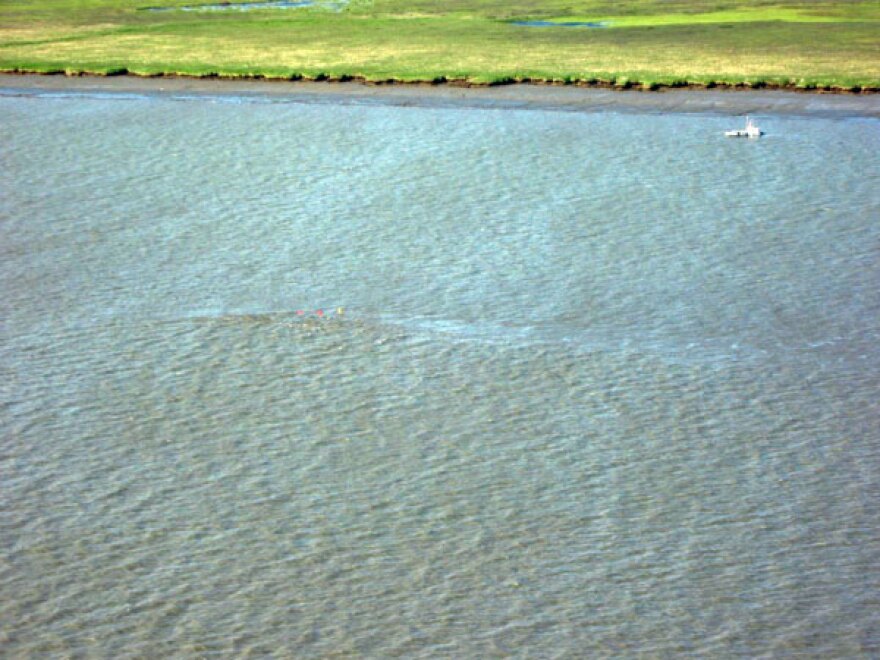 Lone Star is now completely submerged in the Igushik River, marked by buoys. Photo by Mike Mason, KDLG - Dillingham.
